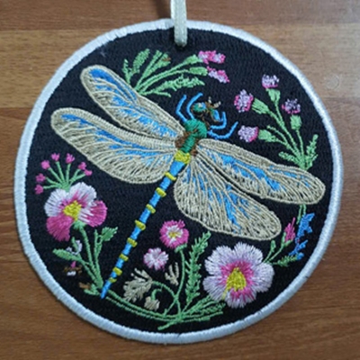 Computer Embroidery on a Round Frame - Dragonfly & flower