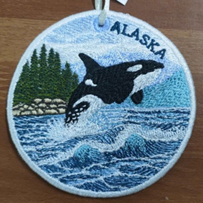 Computer Embroidery on a Round Frame - Orca Alaska Whale